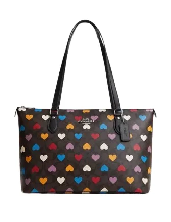 Coach bags with a zip - top closure and a front - pocket for quick accessCoach Gallery Tote In Signature Canvas With Heart Print