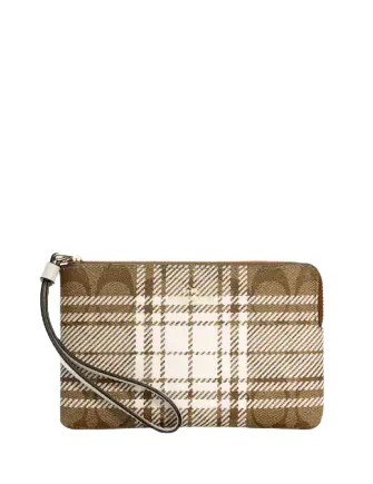 Coach handbags with a metal - framed clasp for durability and styleCoach Corner Zip Wristlet In Signature Canvas With Hunting Fishing Plaid Print