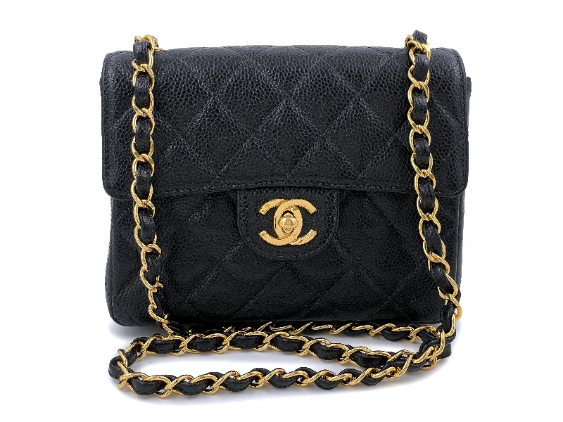 Chanel Classic Flap Bag for Evening PartyChanel 1998 Vintage Black Caviar Square Mini Flap Bag 24k GHW