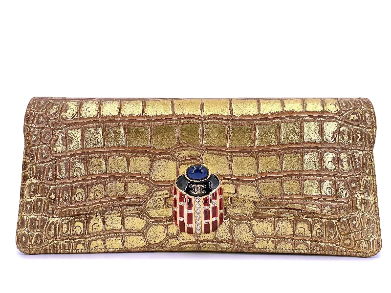 Chanel Quilted Leather Shoulder Bag for FashionistasRare Chanel 19A Crocodile Embossed Gold Jeweled Scarab Clutch Bag