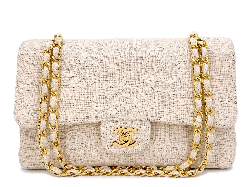 Chanel All - Match Handbag for Versatile StylingChanel 1997 Cream White Linen Camellia Medium Double Flap Bag 24k GHW