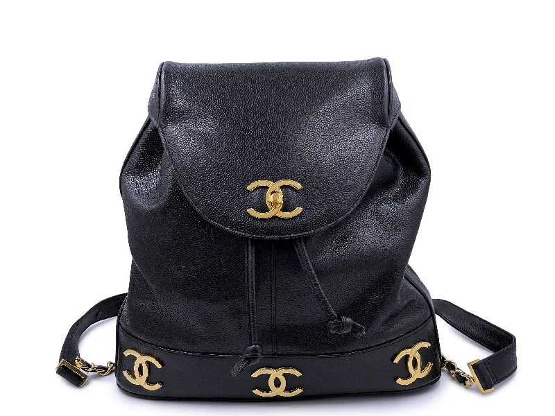 Chanel Handbag with Adjustable Strap for ComfortChanel 1994 Vintage Black Caviar Classic Gold CC Backpack Bag 24k GHW