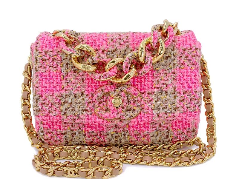 Chanel Luxury Handbag for High - End EventsChanel 2022 Fuchsia Pink Beige Quilted Tweed CC Chain Small Flap Bag