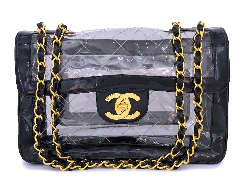 Chanel Designer Handbag with Unique DesignChanel Vintage Black PVC Patent Maxi Classic Flap Bag 24k GHW