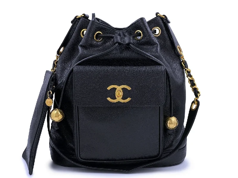 Chanel All - Match Handbag for Versatile StylingRare Chanel 1994 Vintage Black Caviar Large Bucket Bag Front CC Pocket