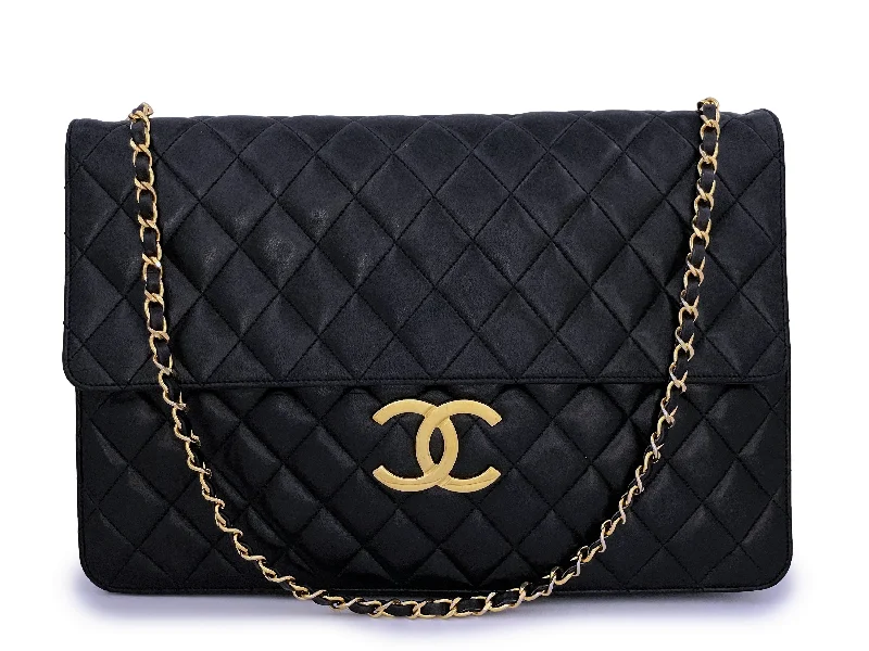 Chanel Luxury Handbag for High - End EventsRare Chanel Vintage Black XXL Classic Flap Clutch Bag 24k GHW Lambskin