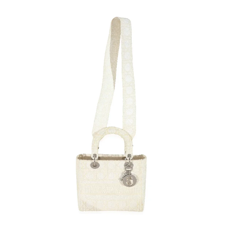 Christian Dior handbags with a detachable mirror for on - the - go touch - upsCHRISTIAN DIOR Cannage White Canvas D-Lite Lady Dior