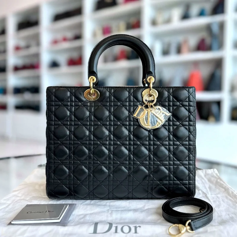 Christian Dior handbags with a back - pocket for quick storageLady Large Lambskin Cannage Black GHW