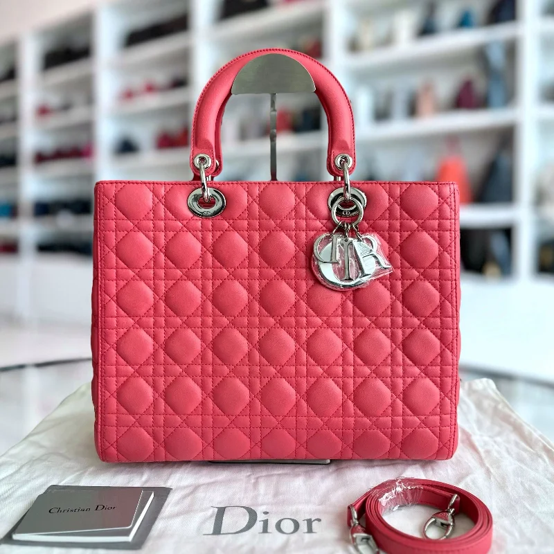 Christian Dior bags with a zip - top closure and multiple compartmentsLady Large Lambskin Cannage Hot Pink SHW