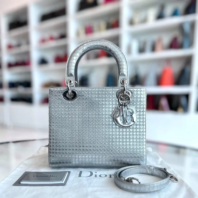 Christian Dior handbags with a snap - button closure and a decorative buckleLady Medium Micro-Cannage Metallic Calfskin Limited Edition Silver SHW