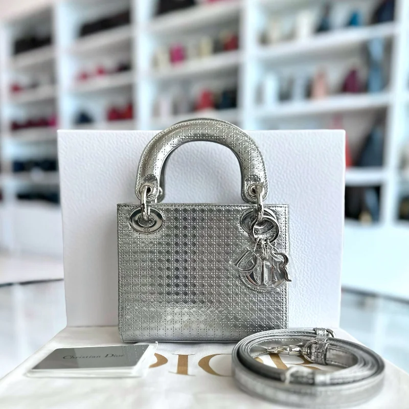 Christian Dior Saddle bags with a patent leather finish for a shiny lookLady Mini Micro-Cannage Silver Limited Edition SHW