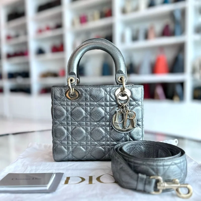 Christian Dior tote bags with a double - handle and shoulder - strap optionLady Small Grained Calfskin Metallic Gunmetal GHW