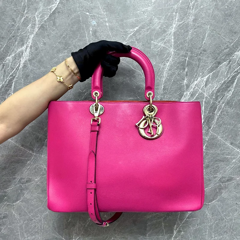 Trendsetting Christian Dior crossbody bags with a colorful strap*Fit Laptop* Diorissimo Large Smooth Calfskin Hot Pink GHW