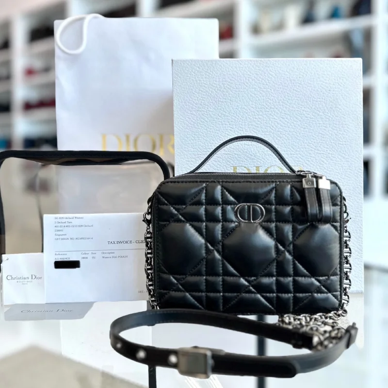 High - fashion Christian Dior bags with a geometric pattern*Full Set, Receipt* Caro Box Cannage Lambskin Black SHW