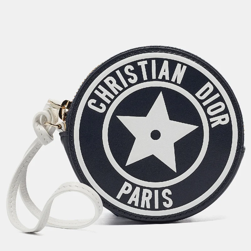 Contemporary Christian Dior handbags with a unique shapeDIOR Navy Blue/White Leather Vibe Round Coin Purse